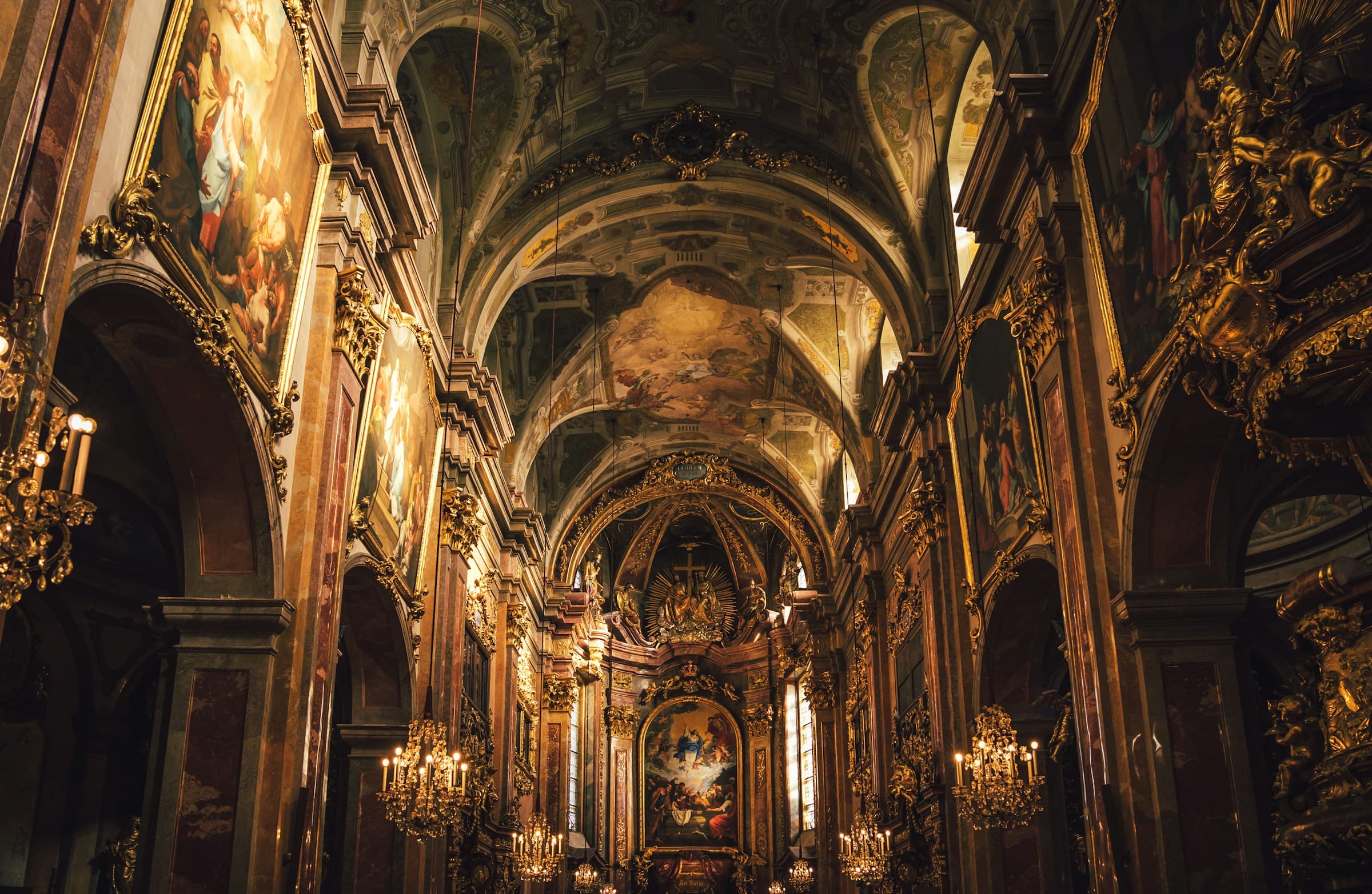Ornate Catholic cathedral interior prepared for Mass